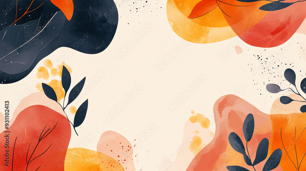 Poster colorful fluid shapes and leaves forming an abstract pattern on a minimal light beige background