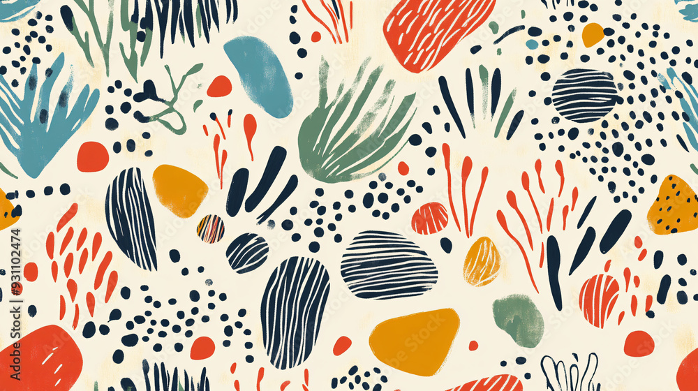 Poster colorful organic shapes and playful botanical elements in an abstract pattern on a light cream backg