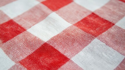 Close-up of a classic red and white Italian picnic cloth with a bold, checked pattern. The textured fabric exudes warmth and tradition, perfect for casual outdoor dining and gatherings.