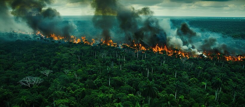 Aerial view of a rainforest fire burning with smoke billowing into the sky. Environmental damage and climate change concept.