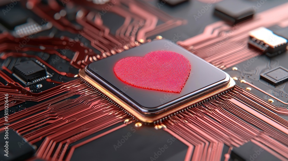 Poster a close-up of a computer chip with a red heart symbol, representing technology and love in digital c