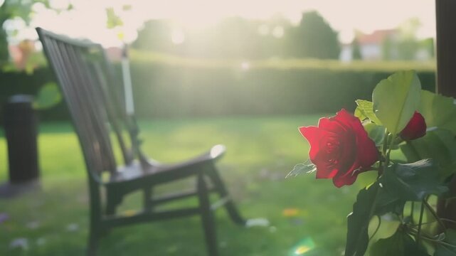 Empty wooden chair is standing on a lush green lawn in a back yard, bathed in the warm light of the setting sun. The peaceful scene evokes tranquility and relaxation