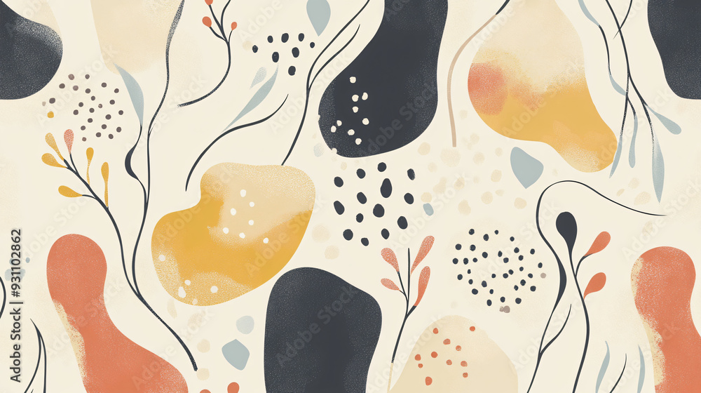 Fototapete flowing organic shapes with botanical motifs and soft dots, creating a whimsical abstract pattern on