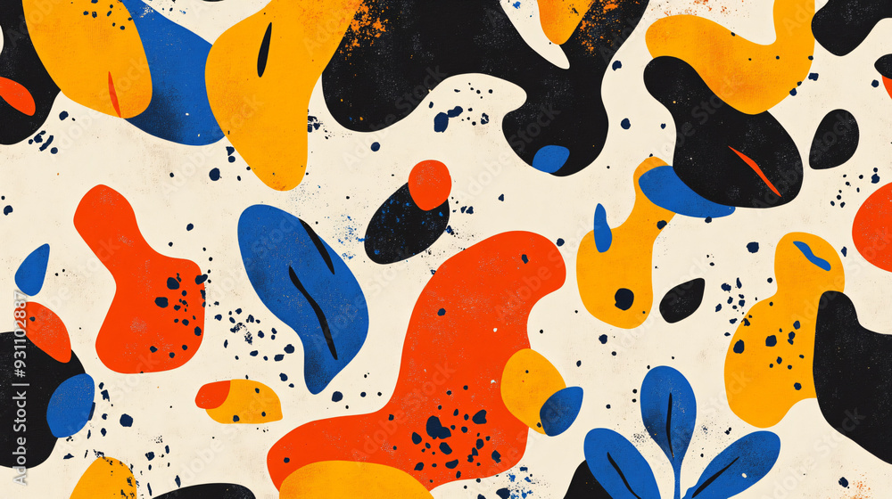 Poster fluid organic shapes and small leaves in a bold color palette, creating a seamless abstract pattern 