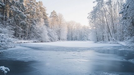 Frozen Lake in a Snowy Forest