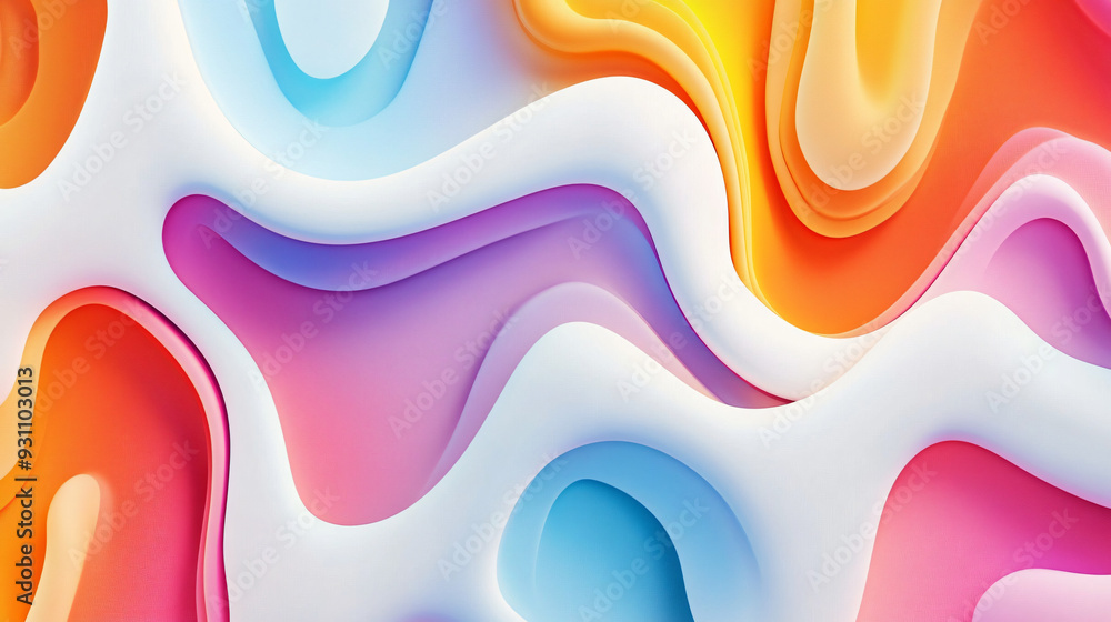 Poster fluid organic shapes and soft curves in vibrant colors, forming an abstract pattern on a seamless li
