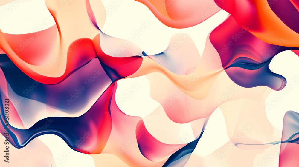 Poster fluid organic shapes and soft curves in vibrant colors, forming an abstract pattern on a seamless li