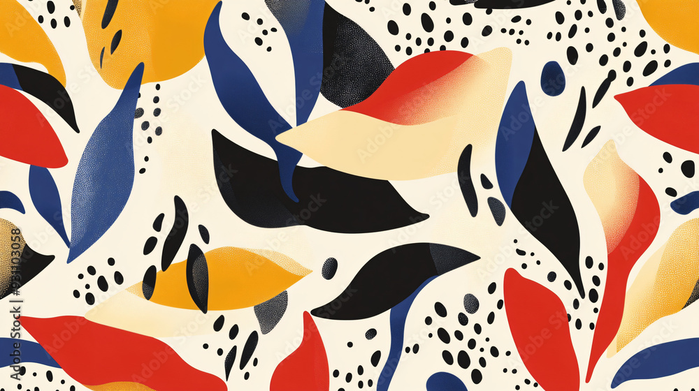 Poster fluid organic shapes and small leaves in a bold color palette, creating a seamless abstract pattern 