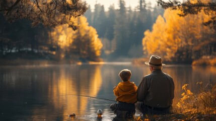 A grandfather teaching his grandson to fish by a tranquil lake, capturing the essence of generational wisdom, bonding, and legacy