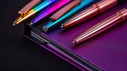 Fototapeta premium Close-up of luxurious pens and notebooks with metallic accents, bathed in colorful lightning, stationery design, lightning effect