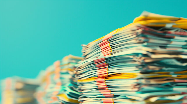 Stacks of cash, organized bundles, side view, symbolizing wealth, advanced tone, Triadic Color Scheme