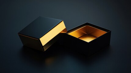 Two sleek black boxes with a luxurious golden wrapping, one opened and one closed, arranged against a dark backdrop. The scene evokes a sense of sophistication and mystery.