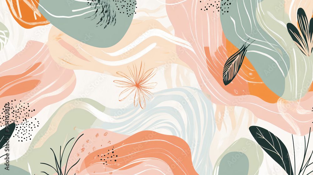 Poster layered fluid shapes with pastel colors and botanical accents, creating a whimsical abstract pattern