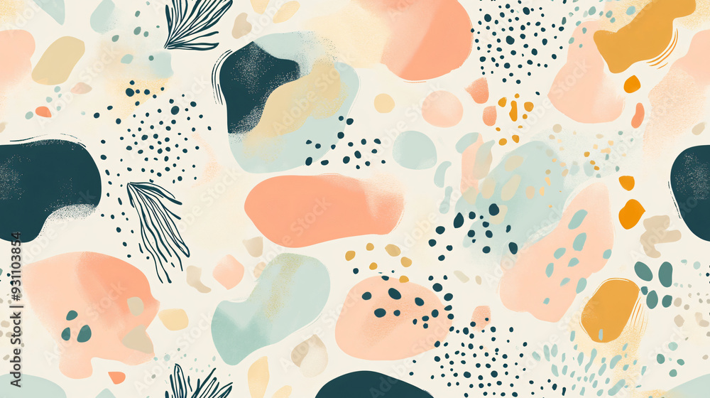 Poster layered fluid shapes with pastel colors and botanical accents, creating a whimsical abstract pattern