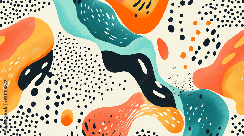 Poster layered organic shapes and playful dots in a seamless pattern with vibrant colors and soft curves