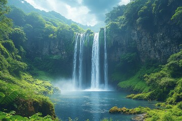 Fototapeta premium A picturesque waterfall cascading down a cliff int 874 waterfall, water, nature, landscape, falls, river, forest, cascade, park, green, fall, rock, hawaii, stream, flow, travel, tree, mountain, natio