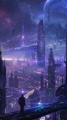 Fototapeta premium A lone figure stands on a futuristic rooftop overlooking a glowing cityscape.
