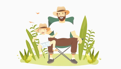Father and Son Relaxing in Folding Chairs Surrounded by Greenery