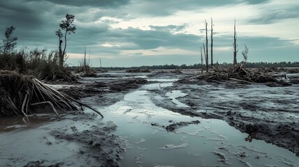 30. A toxic sludge-covered landscape with dead vegetation and polluted waters