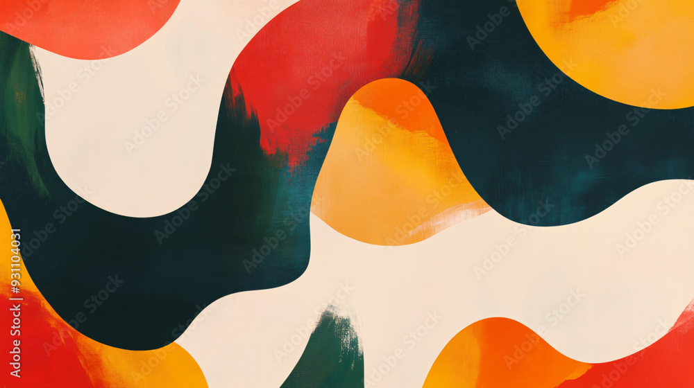 Aufkleber layered organic shapes and smooth curves with bold colors, creating a vibrant abstract pattern on a 