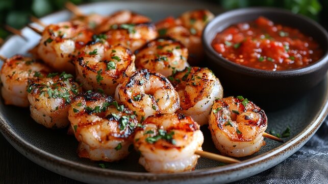 A plate of grilled shrimp skewers with a tangy dip  568 food, meat, meal, chicken, fried, plate, dish, dinner, delicious, gourmet, closeup, cooked, cuisine, snack, salad, lunch, grilled, fish, healthy