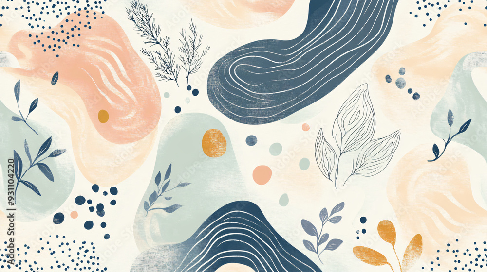 Poster layered organic shapes in pastel hues with soft curves and botanical accents, creating a seamless ab