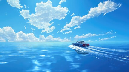 Naklejka premium An anime-style landscape of a vintage car speeding across a calm blue ocean, with a nearly cloudless sky and no land in sight.