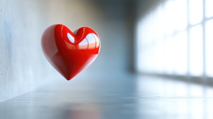 A bold red 3D heart floating in a minimalistic scene, capturing the essence of love and affection, perfect for romantic themes or celebration designs.