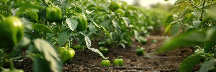 Obraz premium Green bell peppers growing on bushes in a garden setting.