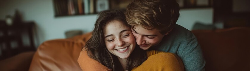 A surprise reunion between siblings in a cozy living room, their joyful hug full of love and shared history