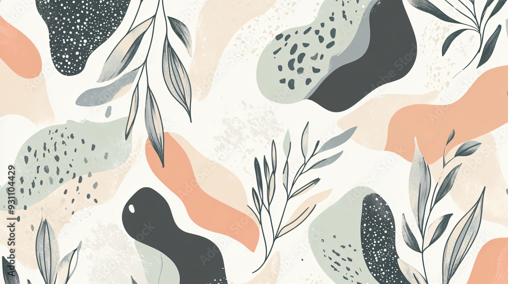 Poster layered organic shapes with pastel colors and botanical motifs in an abstract pattern on a minimal l