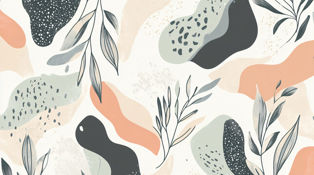 Layered organic shapes with pastel colors and botanical motifs in an abstract pattern on a minimal light background2