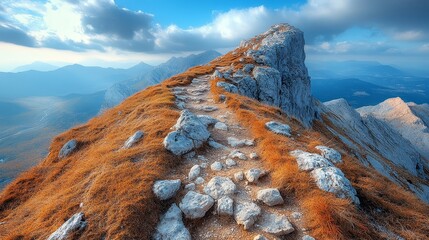 A rocky mountain ridge with a winding trail leadin  914 mountain, landscape, nature, rock, sky, mountains, peak, snow, stone, water, clouds, summer, travel, cloud, hill, rocks, view, outdoors, park, s