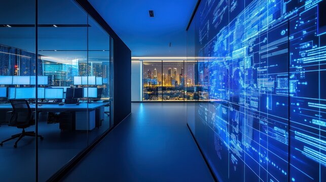 Modern Office with a Futuristic Digital Wall