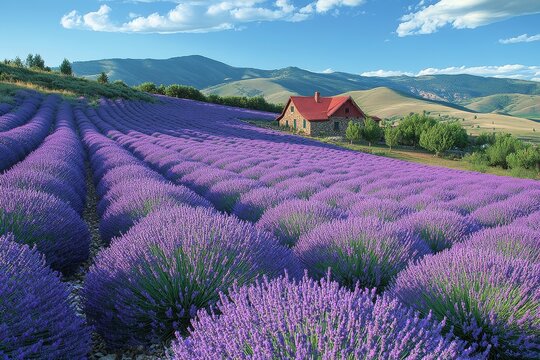 A rolling landscape of lavender fields in full blo  922 field, lavender, landscape, nature, flower, sky, summer, purple, flowers, agriculture, countryside, mountain, green, provence, grass, plant, mea