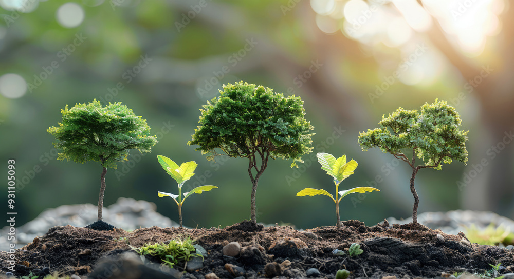 Aufkleber A diagram of the three steps of tree growth, labeling each stage with its characteristics and changes. Generative AI.