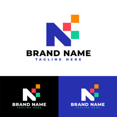 Bold letter N network color pixel tech company symbol icon flat logo stock vector design