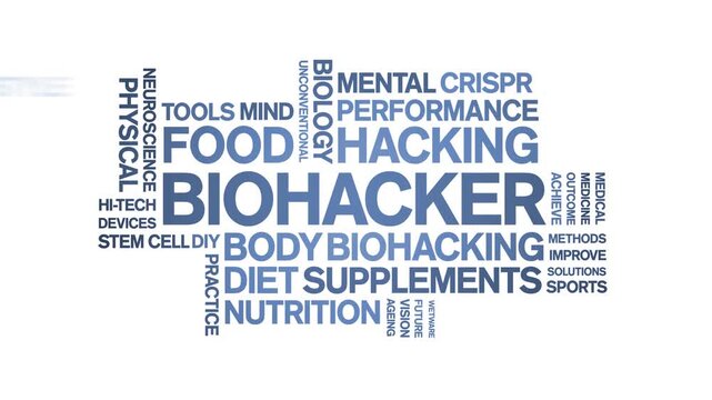 Biohacker animated word cloud;text design animation tag kinetic typography seamless loop.