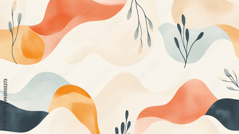 Poster organic shapes with botanical elements in pastel hues, flowing across a light cream background in a 