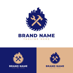 Cityscape building with saw tools hardware gear and hummer and wrench symbol icon flat logo stock vector design