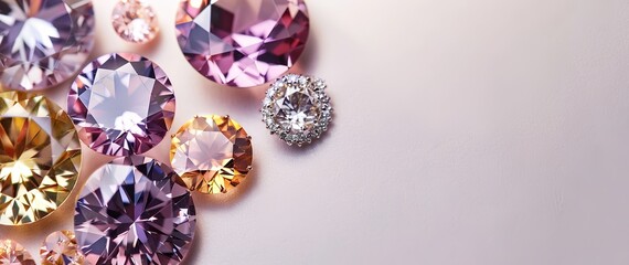 Assortment of colorful gemstones, including diamonds, rubies, sapphires, emeralds, and amethysts.  Ideal for jewelry design, fashion, or luxury advertising.