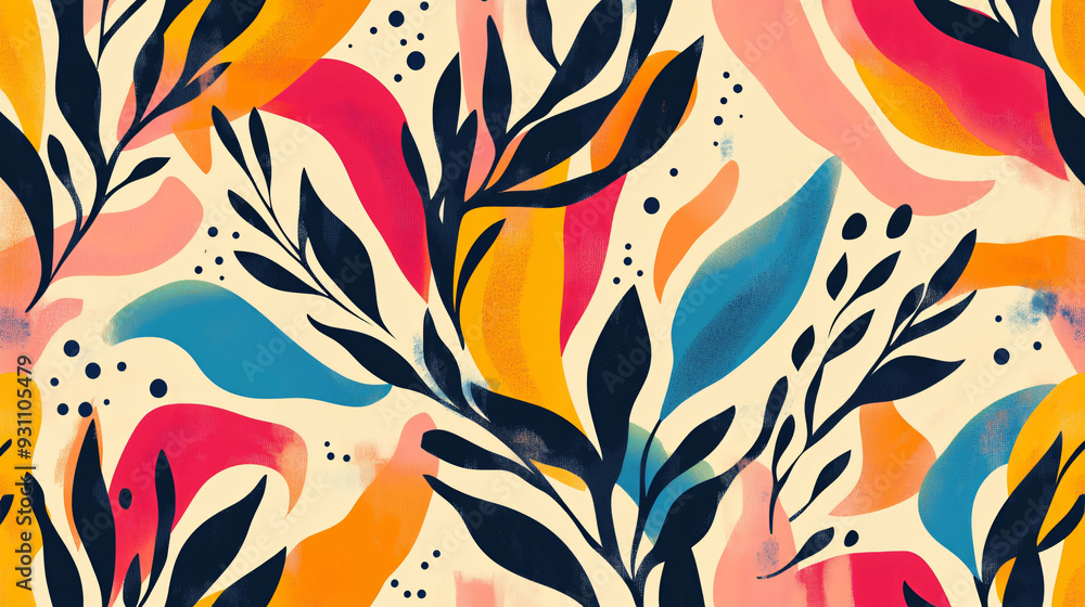 Poster seamless abstract pattern with bold fluid shapes, soft curves, and small leaves in a vibrant color p