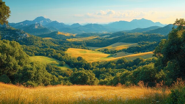 A scenic viewpoint overlooking a lush valley with   921 landscape, nature, sky, mountain, mountains, grass, forest, green, summer, meadow, tree, hill, view, cloud, clouds, panorama, field, countryside