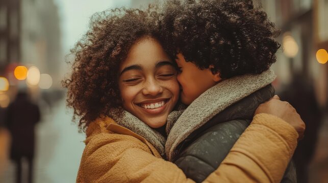 Siblings embracing on a bustling city street, their faces lighting up with joy and love as they reconnect after a long separation