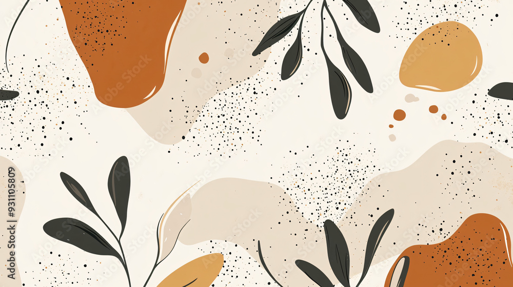 Poster soft flowing organic shapes pattern with botanical forms in earthy tones on a seamless light-colored