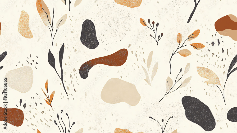 Poster soft flowing organic shapes pattern with botanical forms in earthy tones on a seamless light-colored