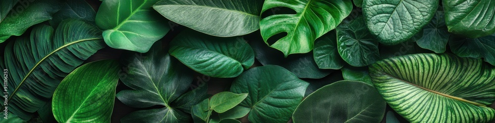 Poster a close-up image of lush green leaves with various textures and shapes.