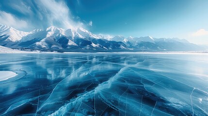 In winter, the snow-capped mountains in distant view stand tall and straight on the lake surface of endless ice with many cracks, blue sky background, lake water, crystal clear. Generative AI.