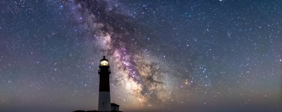 The Milky Way over a lighthouse, with the beacon shining into the starry night, astrophotography, Milky Way, lighthouse