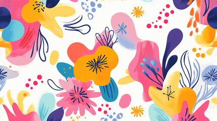 Vibrant abstract shapes pattern with organic fluid forms and small whimsical flowers, set on a clean white background4